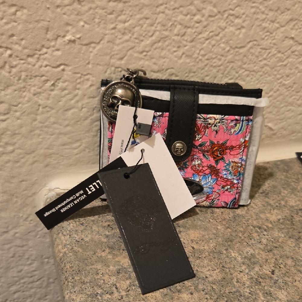 NwOT. Ed Hardy Pink Floral Compact Wallet with Black Trim